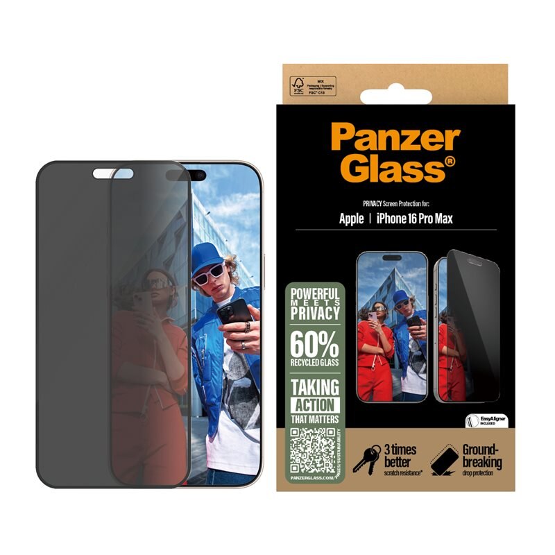 PanzerGlass iPhone 16 Pro Max Privacy Screen Protector (with EasyAligner) Ultra Wide Fit - Herdet glass personvernbildebeskytter med monteringsramme