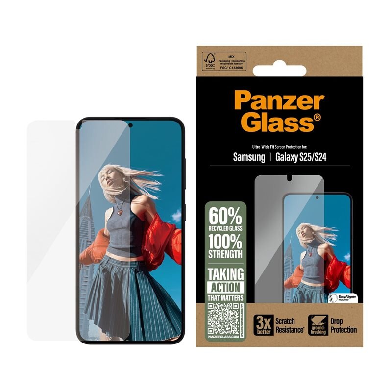PanzerGlass Samsung Galaxy S25 Screen Protector (with EasyAligner) Ultra Wide Fit - Herdet glass skjermbeskytter med monteringsramme - Enkel