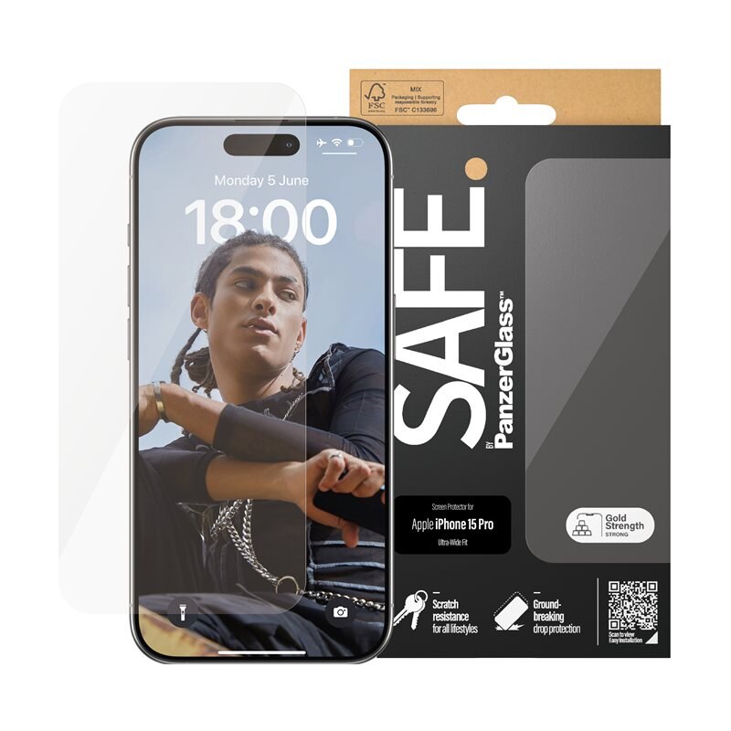 SAFE. by PanzerGlass iPhone 15 Pro Screen Protector Ultra Wide Fit - Herdet glass skjermbeskytter - Klar beskyttelse for din skjerm