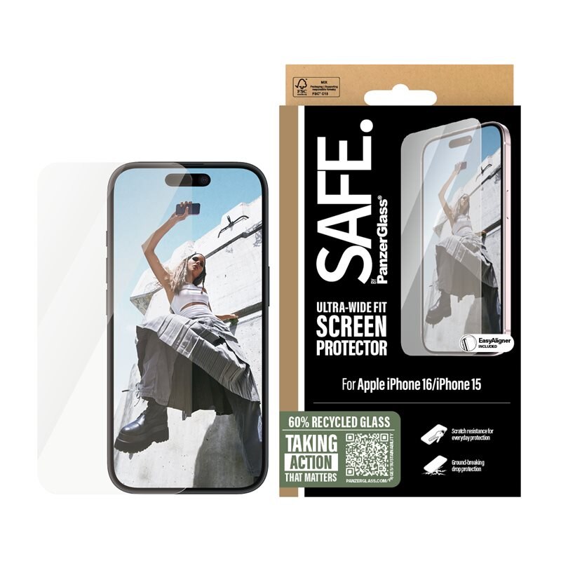 SAFE. by PanzerGlass iPhone 16 Skjermbeskytter Ultra Wide Fit (with EasyAligner)