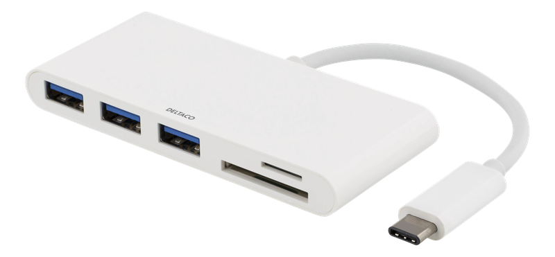 Deltaco USB-C Hub 3x USB-A + SD/microSD hvit