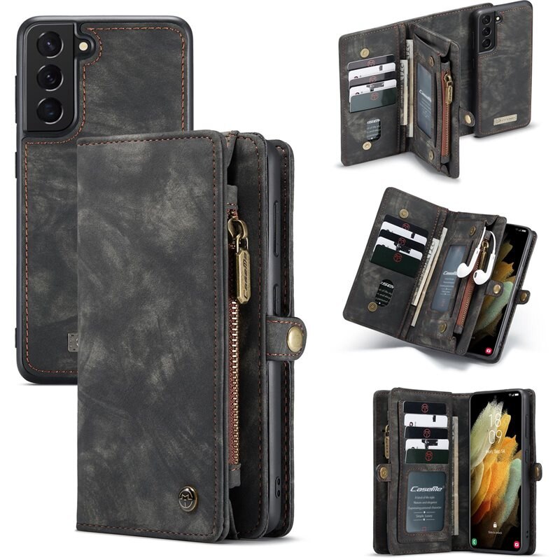 CaseMe Multi-slot Lommeboksetui Samsung Galaxy S21 Grå - Mobildeksel med ekstra mange kortplasser - Kortholder