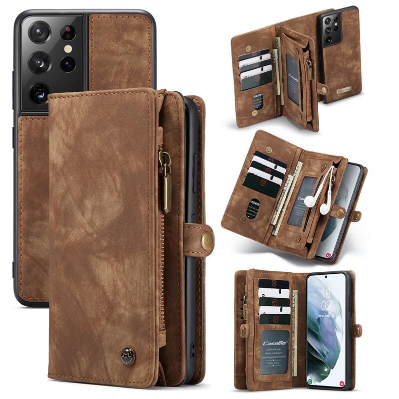 CaseMe Multi-slot Lommeboksetui Samsung Galaxy S21 Ultra Brun - Mobildeksel med ekstra mange kortplasser - Kortholder