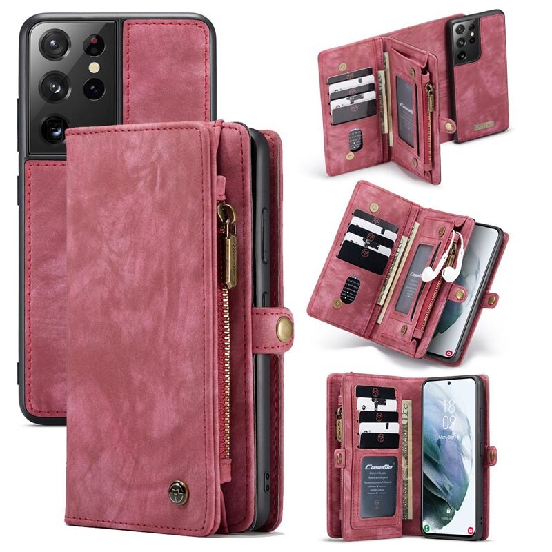 CaseMe Multi-slot Lommeboksetui Samsung Galaxy S21 Ultra Rød - Mobildeksel med ekstra mange kortplasser - Kortholder