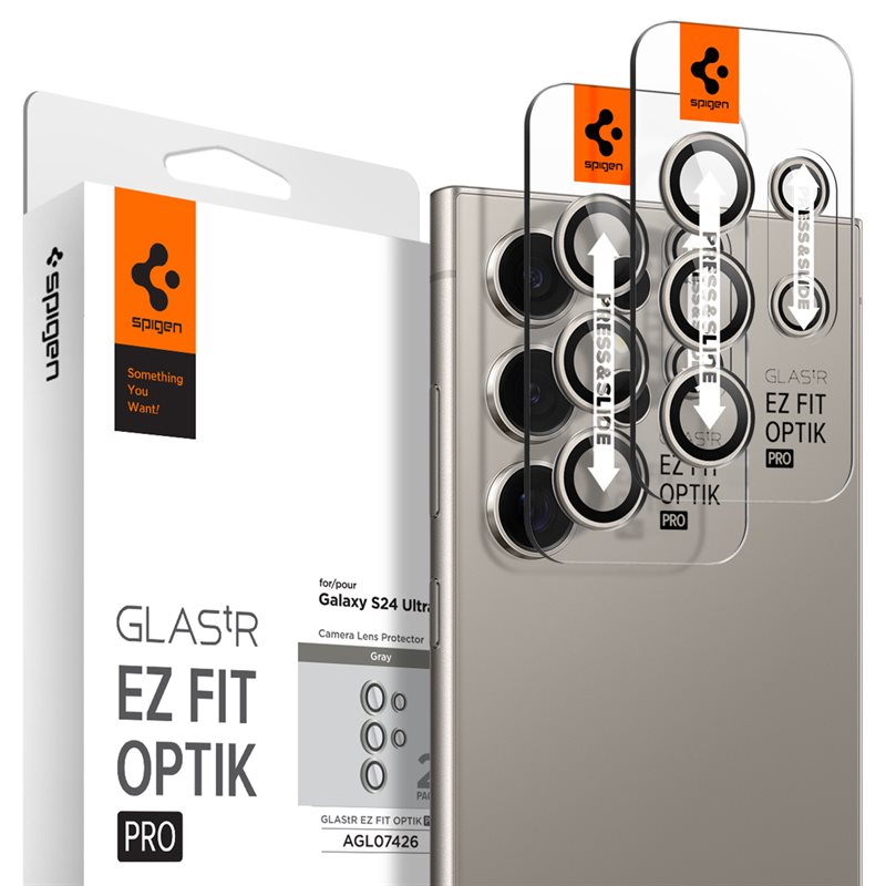 Spigen Samsung Galaxy S24 Ultra EZ Fit Optik Pro Lens Protector (2-pack) Gray - Herdet glass linsebeskytter med monteringsramme - Enkel installasjon