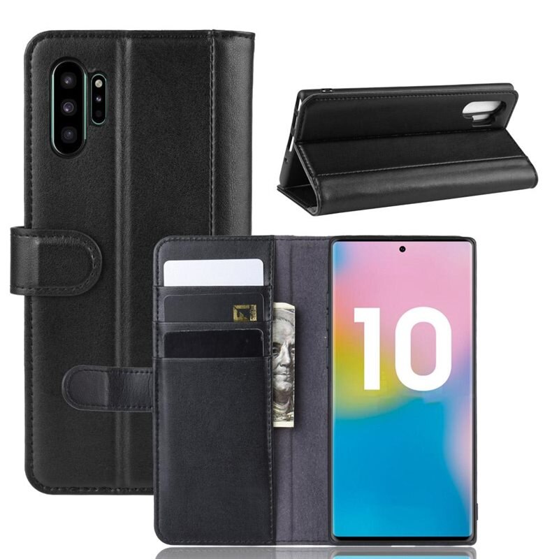 Ekte Lærveske Samsung Galaxy Note 10 Plus Svart - Stilfullt lommeboketui med plass for sedler og kort