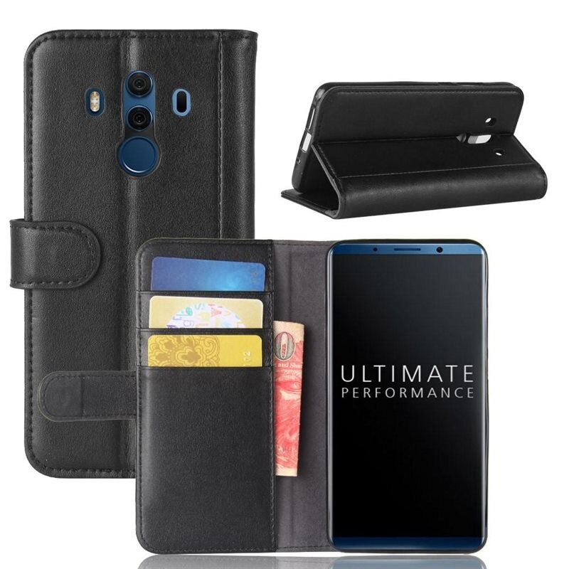 Ekte Lærveske Huawei Mate 10 Pro Svart - Stilfullt lommeboketui med plass for sedler og kort
