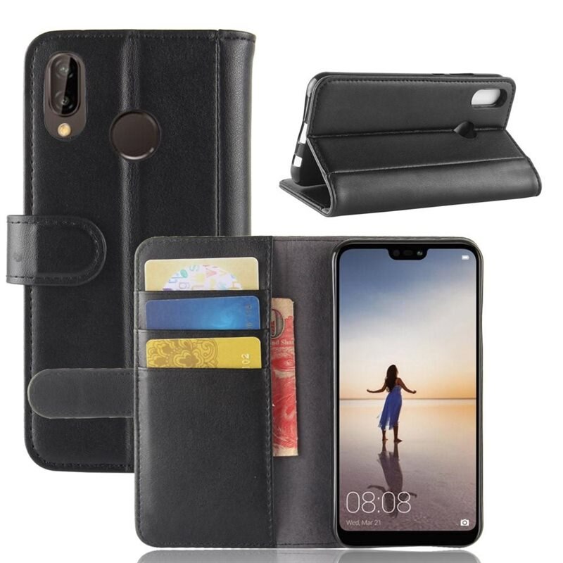 Ekte Lærveske Huawei P20 Lite Svart - Stilfullt lommeboketui med plass for sedler og kort