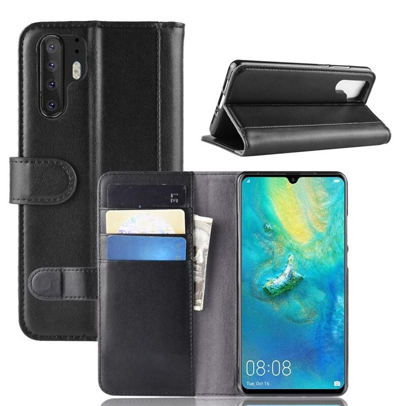 Ekte Lærveske Huawei P30 Pro Svart - Stilfullt lommeboketui med plass for sedler og kort