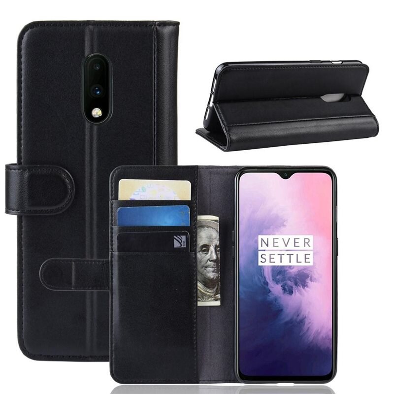Ekte Lærveske OnePlus 7 Svart - Stilfullt lommeboketui med plass for sedler og kort