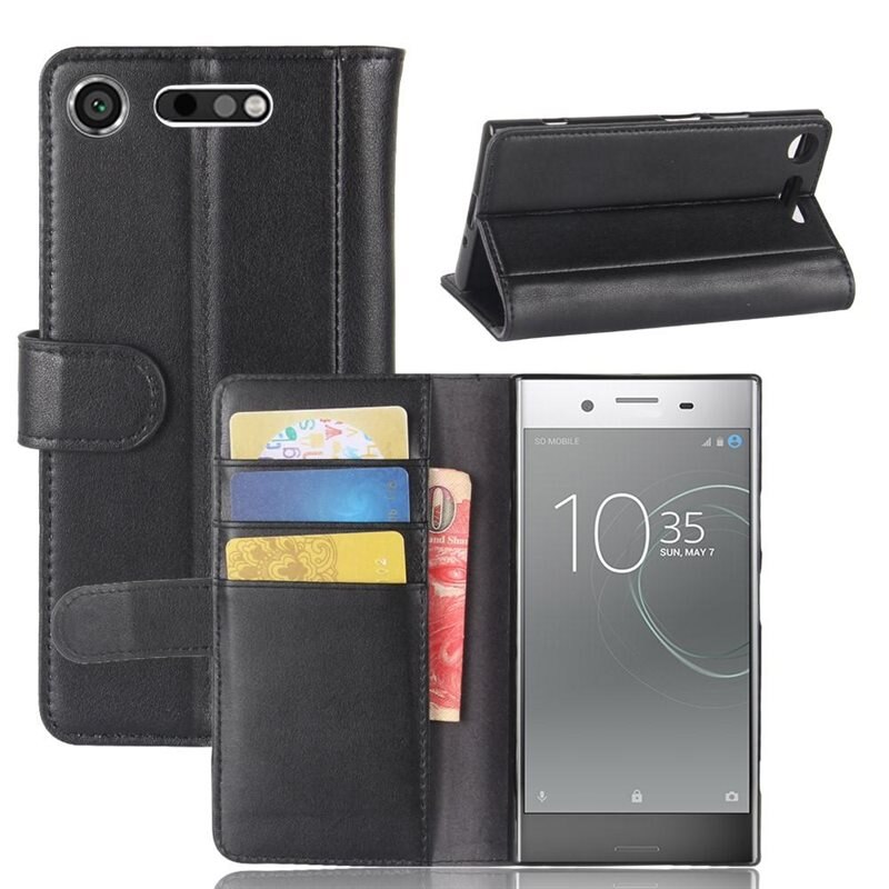Ekte Lærveske Sony Xperia XZ1 Svart - Stilfullt lommeboketui med plass for sedler og kort