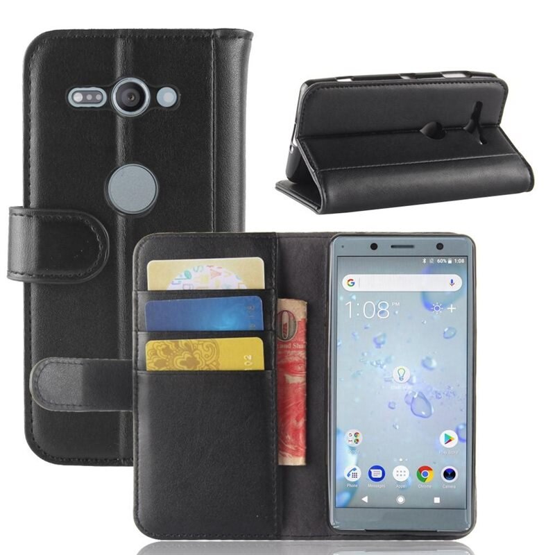 Ekte Lærveske Sony Xperia XZ2 Compact Svart - Stilfullt lommeboketui med plass for sedler og kort