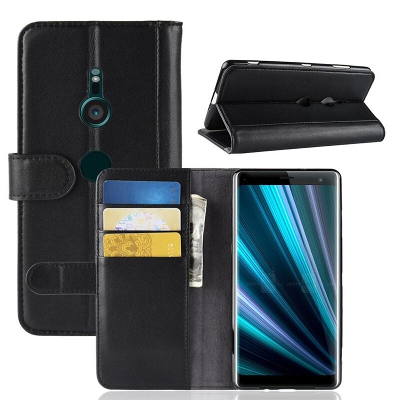 Ekte Lærveske Sony Xperia XZ3 Svart - Stilfullt lommeboketui med plass for sedler og kort