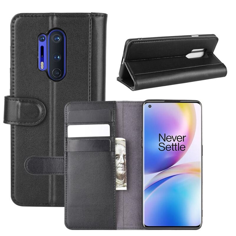 Ekte Lærveske OnePlus 8 Pro Svart - Stilfullt lommeboketui med plass for sedler og kort