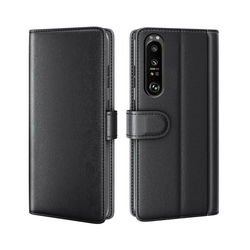 Ekte Lærveske Sony Xperia 1 III Svart - Stilfullt lommeboketui med plass for sedler og kort