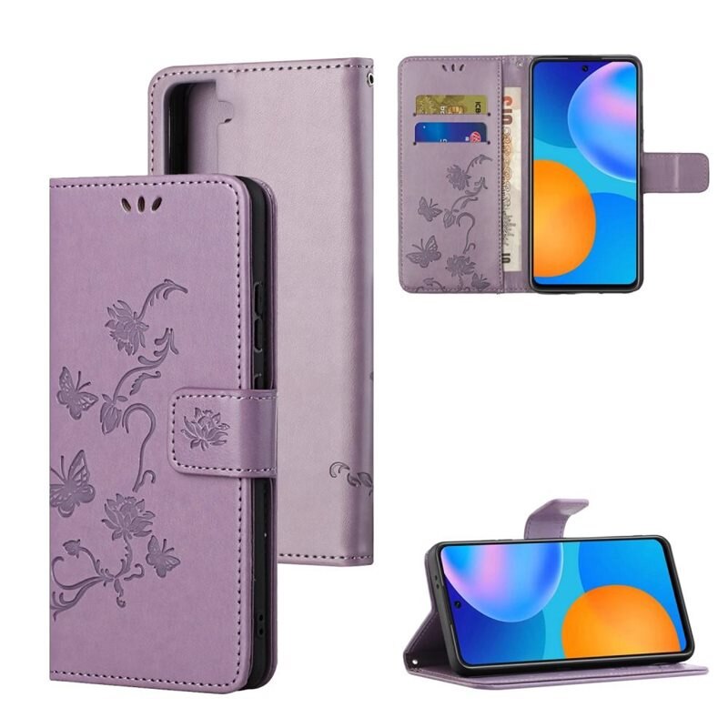 Lærveske Sommerfugler Samsung Galaxy S21 Lilla - Fint lommeboketui med mønster