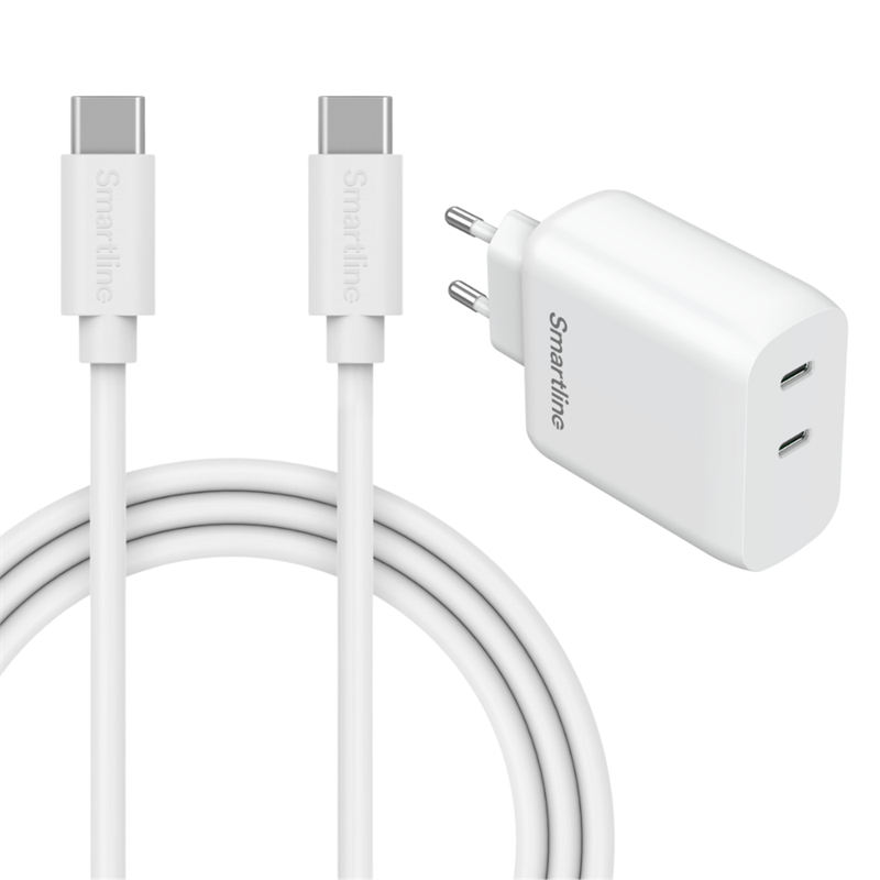 Premiumlader Xiaomi 14T Pro - 2 meter ledning og Dual vegglader USB-C 35W - Kraftig lader med lang ledning og to USB-C-porter
