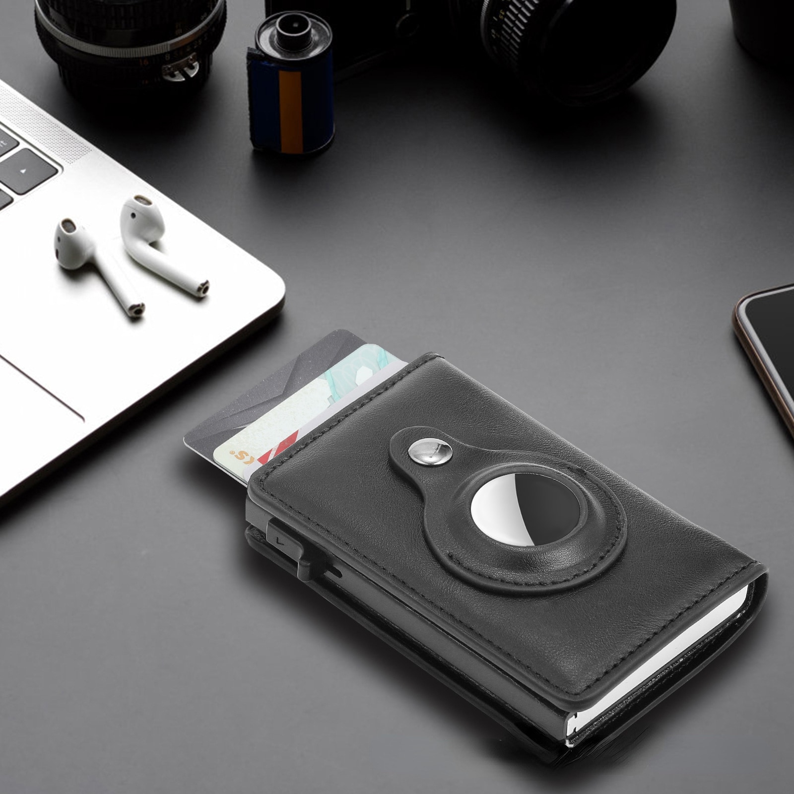 Lær Kortholder AirTag svart