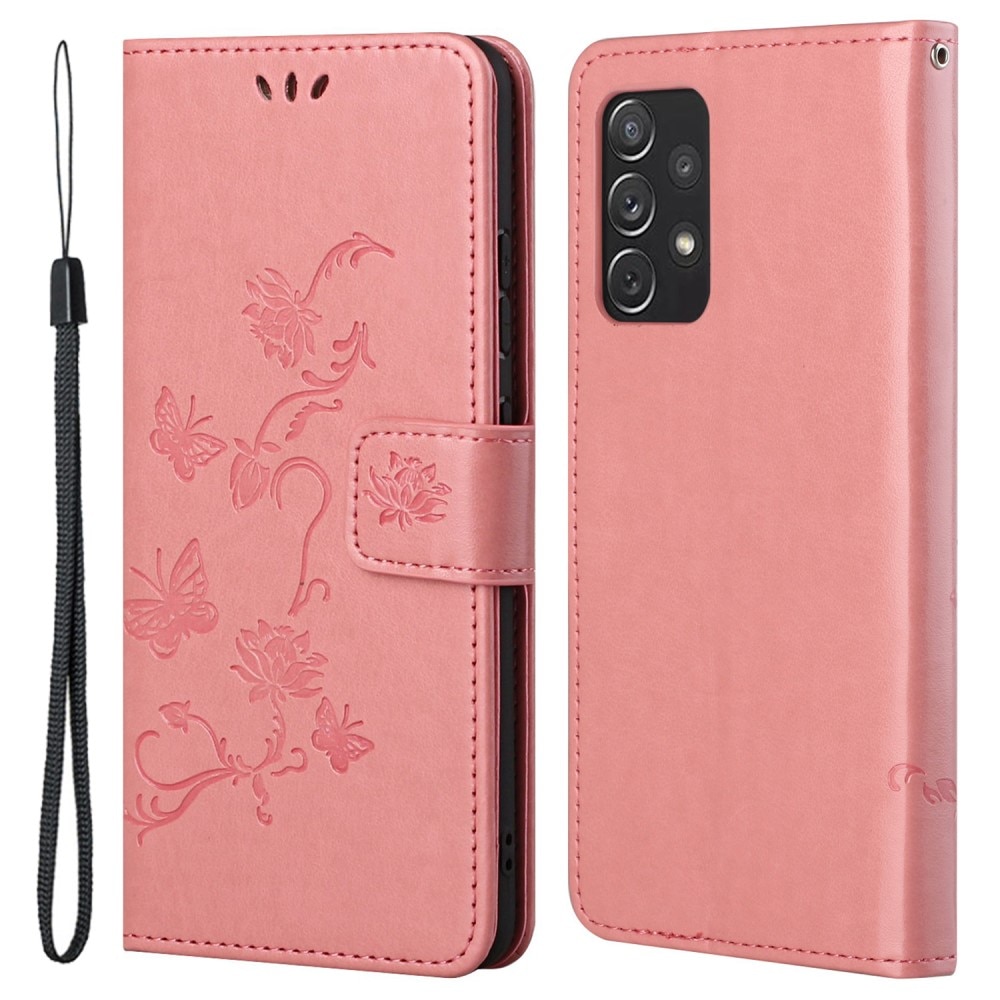 Lærveske Sommerfugler Samsung Galaxy A73 5G rosa