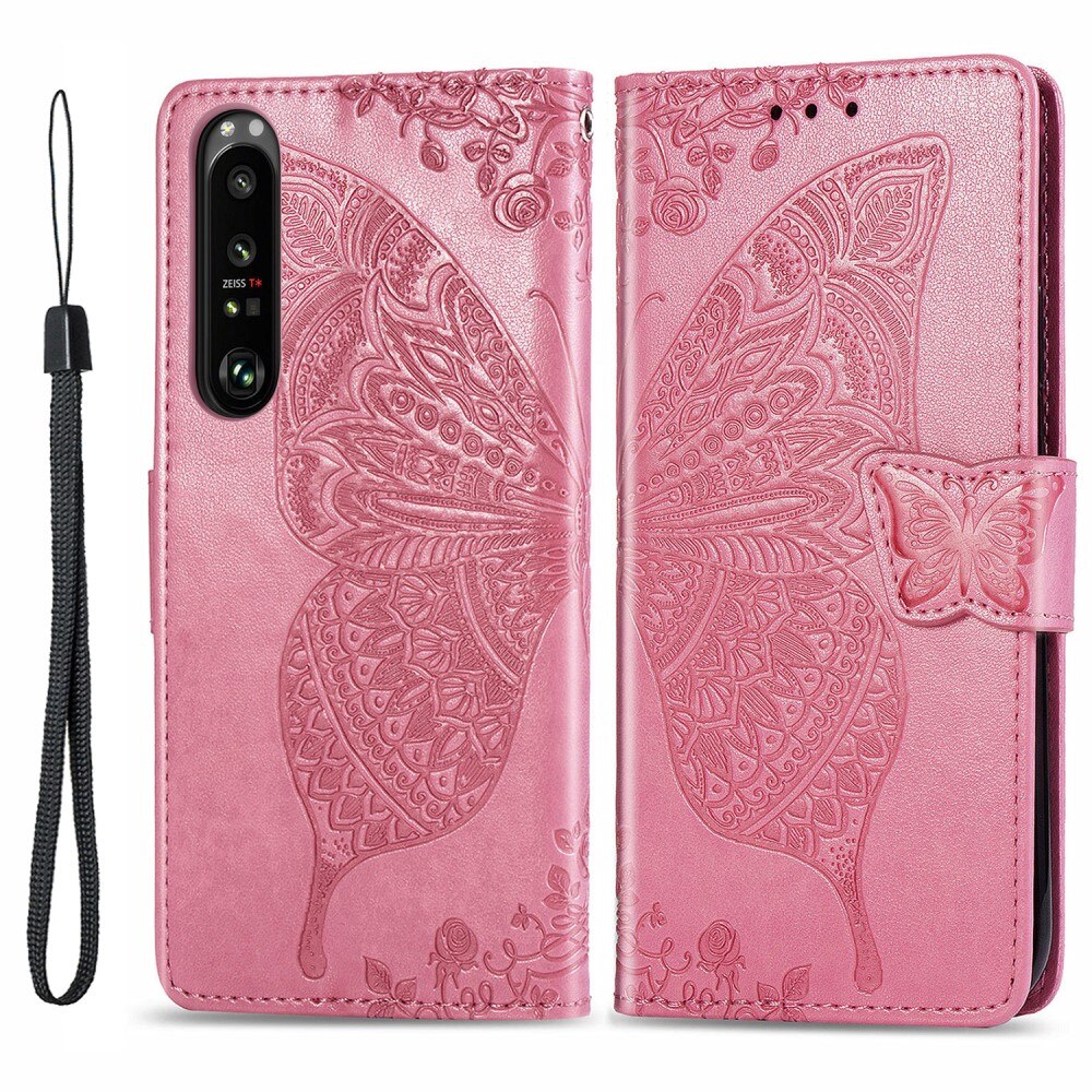 Lærveske Sommerfugler Sony Xperia 1 III Rosa