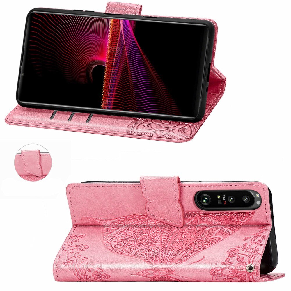 Lærveske Sommerfugler Sony Xperia 1 III Rosa