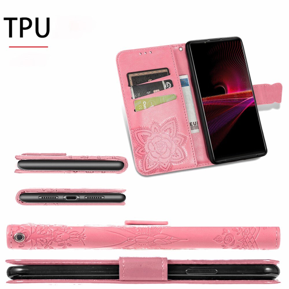 Lærveske Sommerfugler Sony Xperia 1 III Rosa