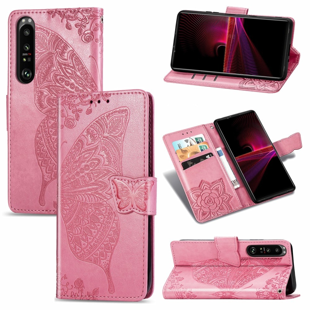 Lærveske Sommerfugler Sony Xperia 1 III Rosa