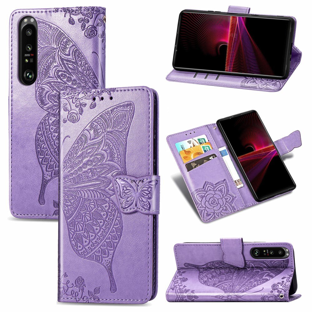 Lærveske Sommerfugler Sony Xperia 1 III Lilla