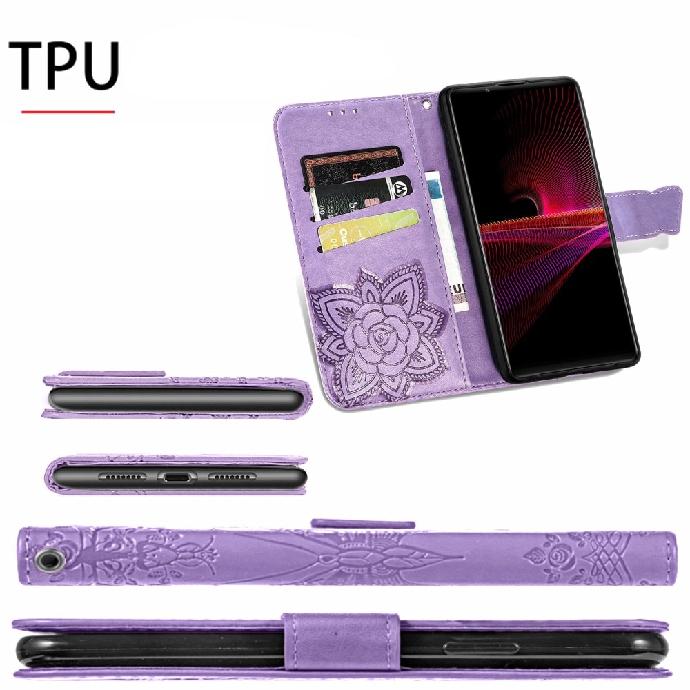 Lærveske Sommerfugler Sony Xperia 1 III Lilla