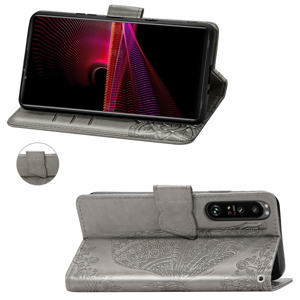 Lærveske Sommerfugler Sony Xperia 1 III Grå