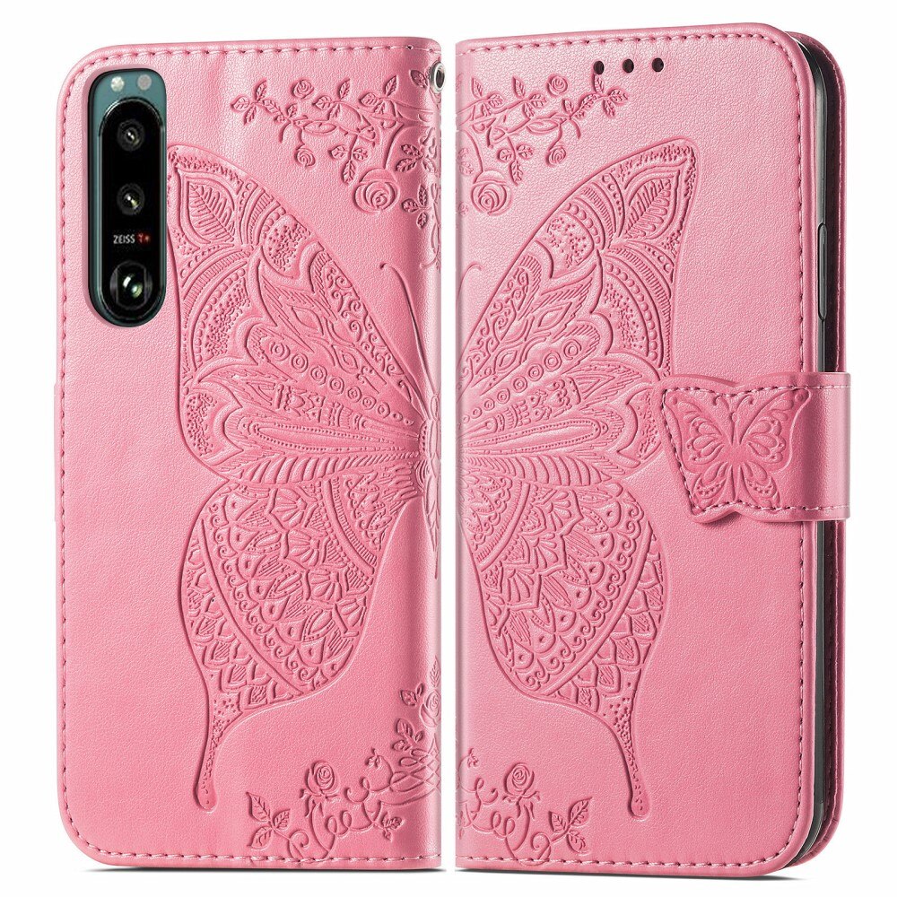 Lærveske Sommerfugler Sony Xperia 5 III Rosa