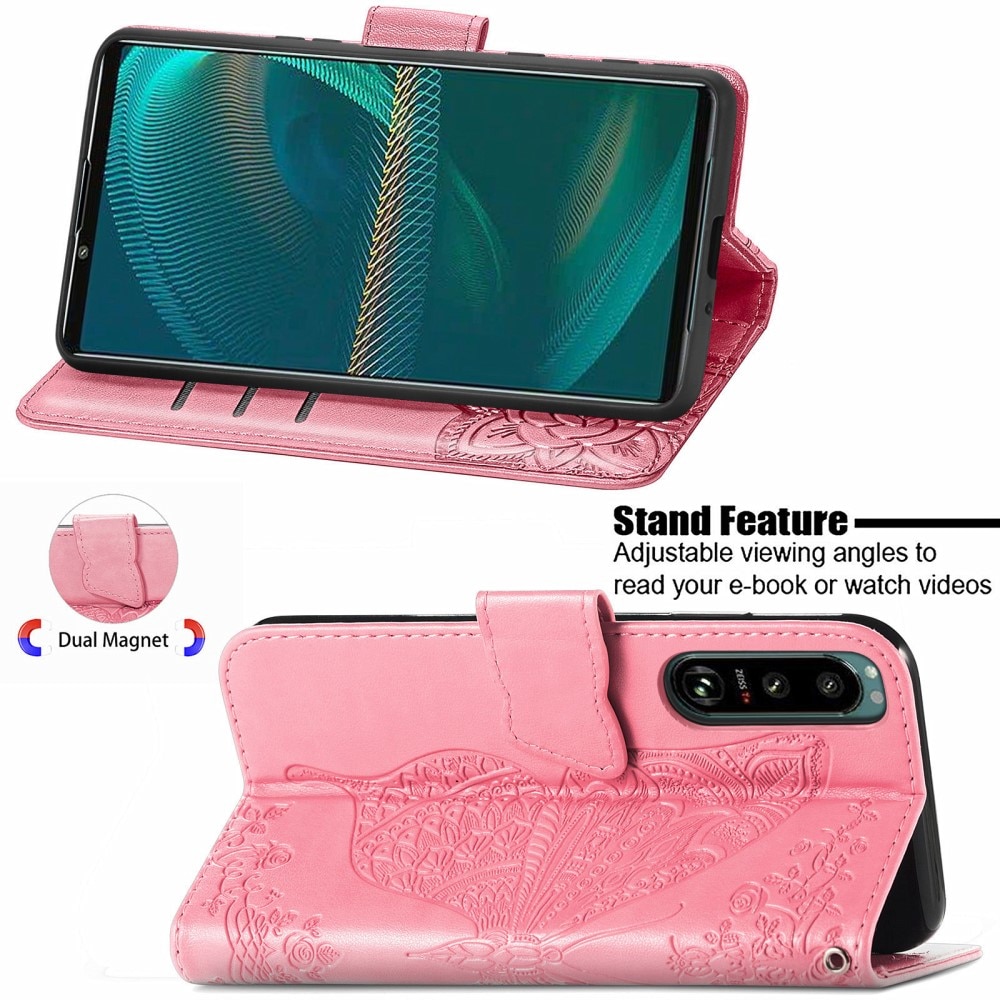 Lærveske Sommerfugler Sony Xperia 5 III rosa