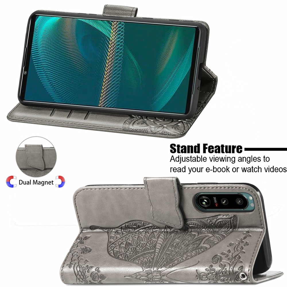 Lærveske Sommerfugler Sony Xperia 5 III grå