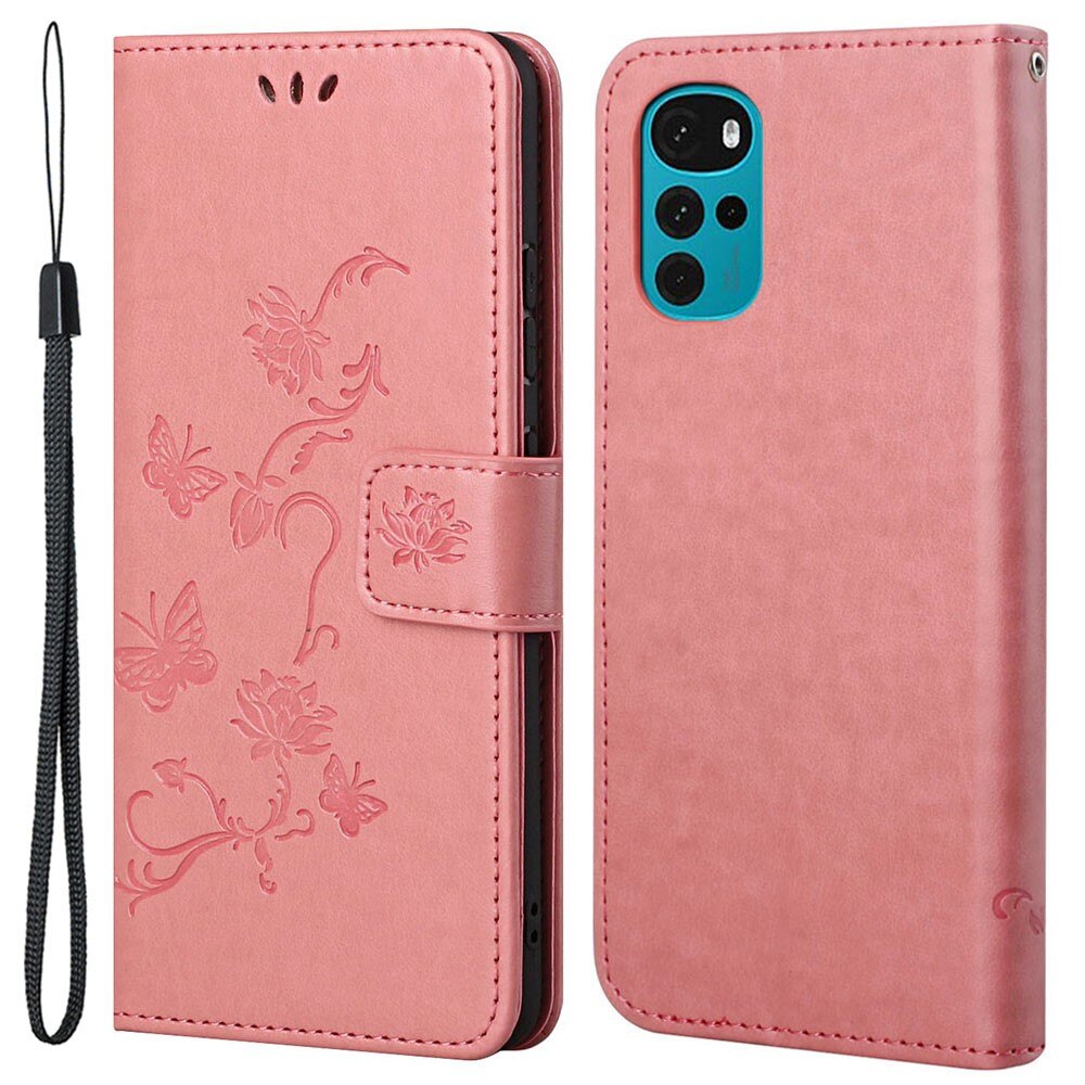Lærveske Sommerfugler Motorola Moto G22 Rosa