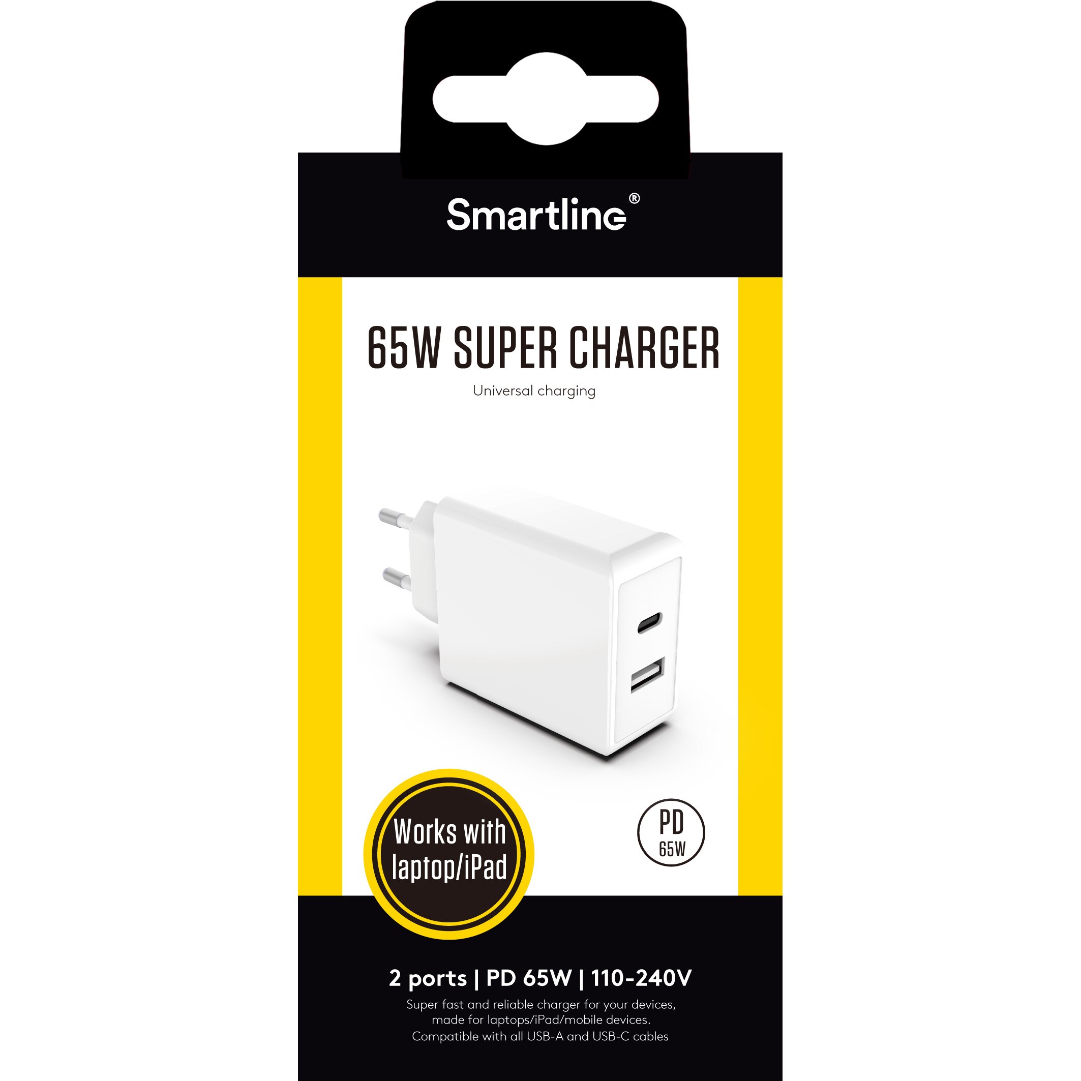 Dual PD Wall Charger 65W USB-C+A hvit