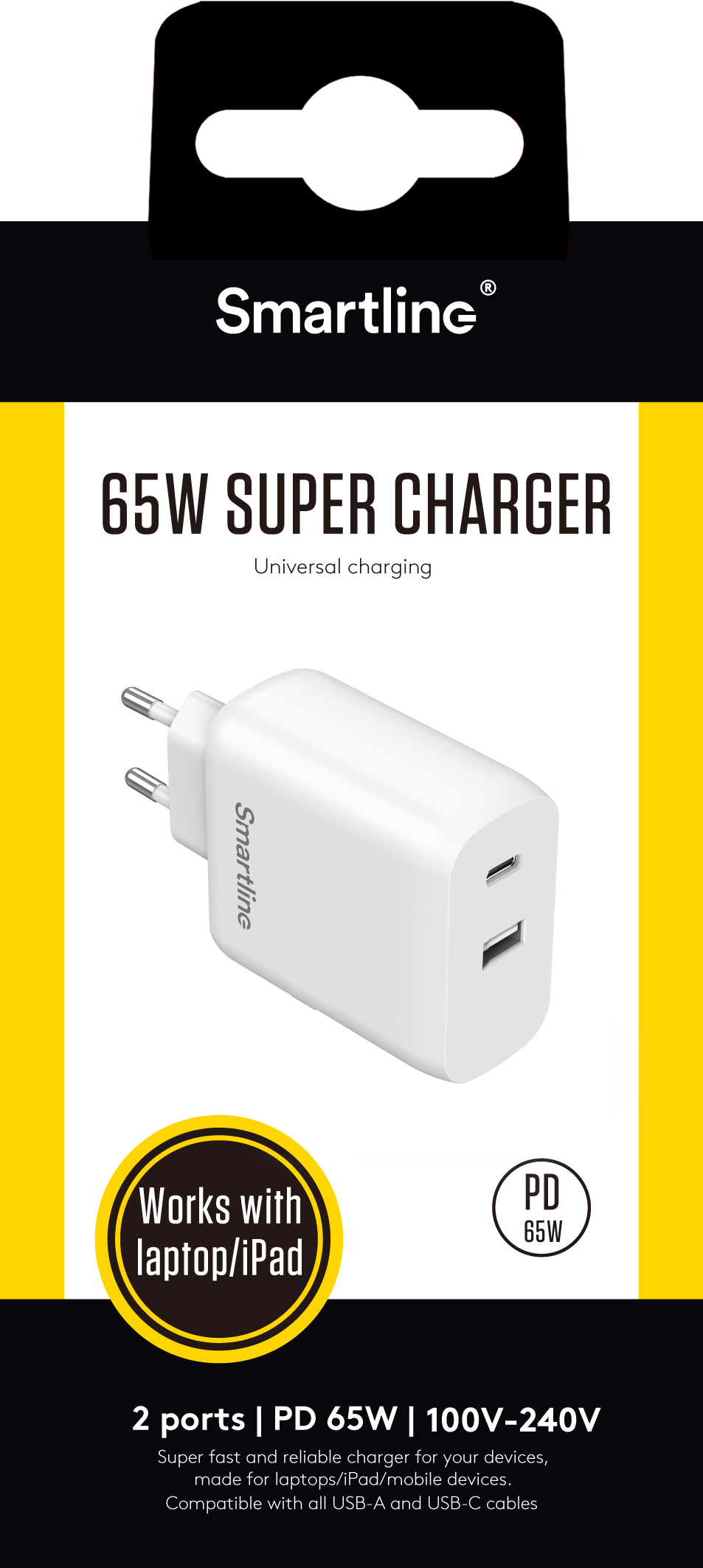 Dual PD Wall Charger GaN 65W USB-C+A hvit