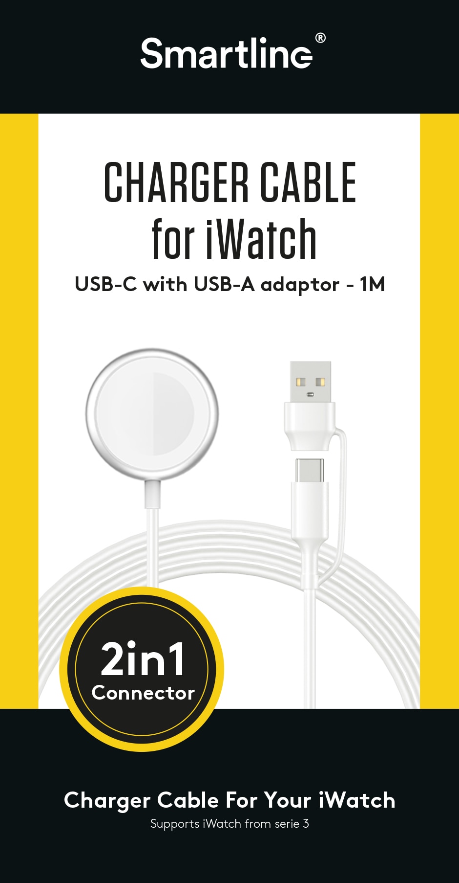 Apple Watch magnetisk ladekabel USB-C/USB-A 1m 2.5W hvit