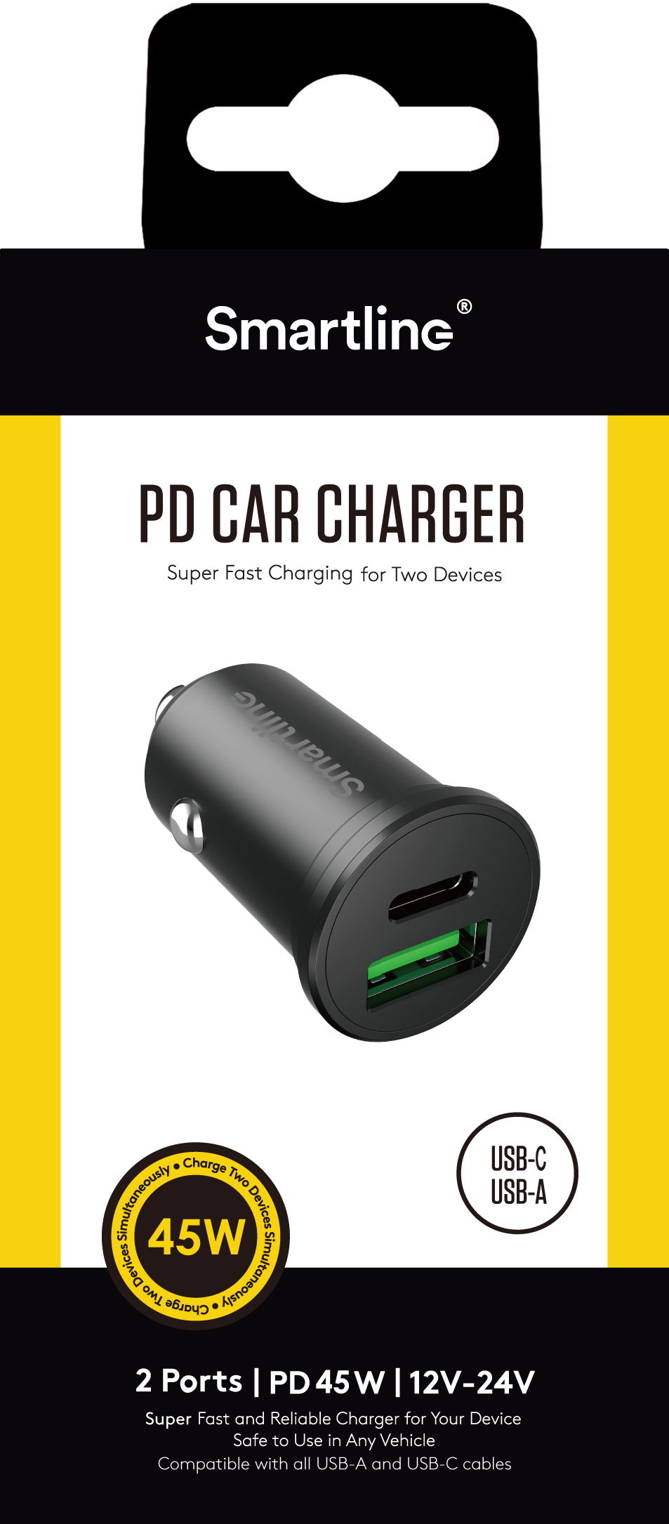PD Dual Car Charger USB-C + USB-A 45W 12V-24V svart