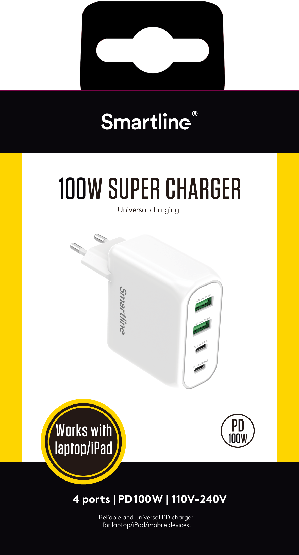 Vegglader PD 100W 4 Port USB-C + USB-A hvit
