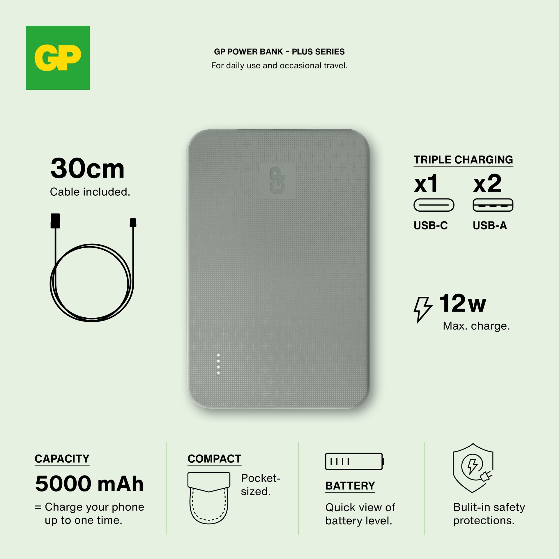 Powerbank Plus 5000mAh Grå