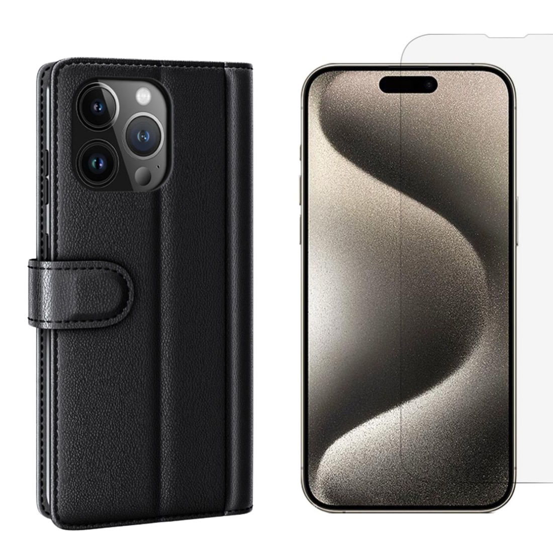 iPhone 15 Pro Sett med Mobilveske og Skjermbeskyttelse