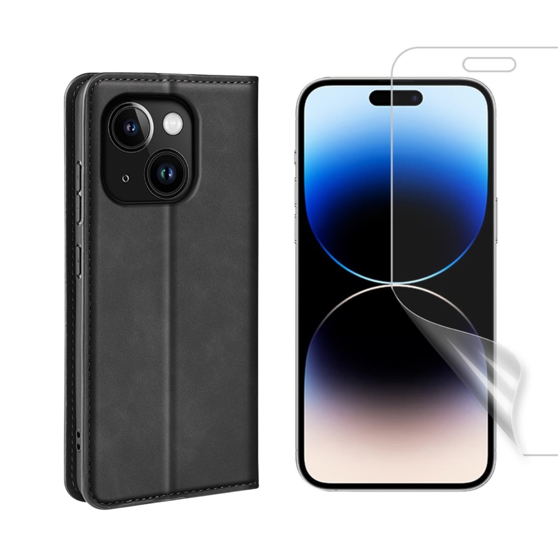 iPhone 15 Sett med Tynt mobilveske og Skjermbeskyttelse