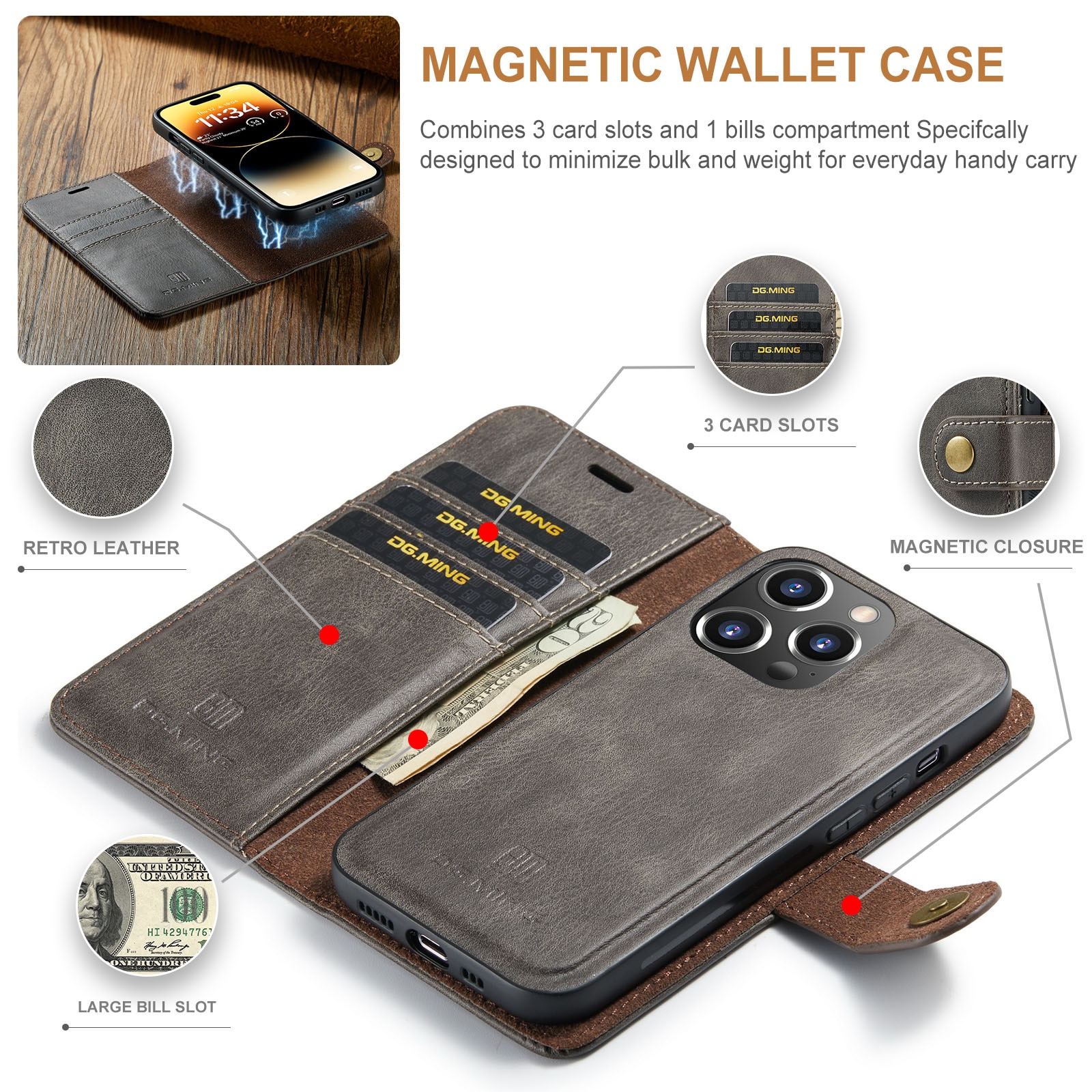 Magnet Wallet iPhone 14 Pro Brown