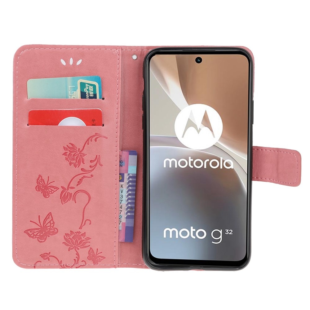 Lærveske Sommerfugler Motorola Moto G32 rosa