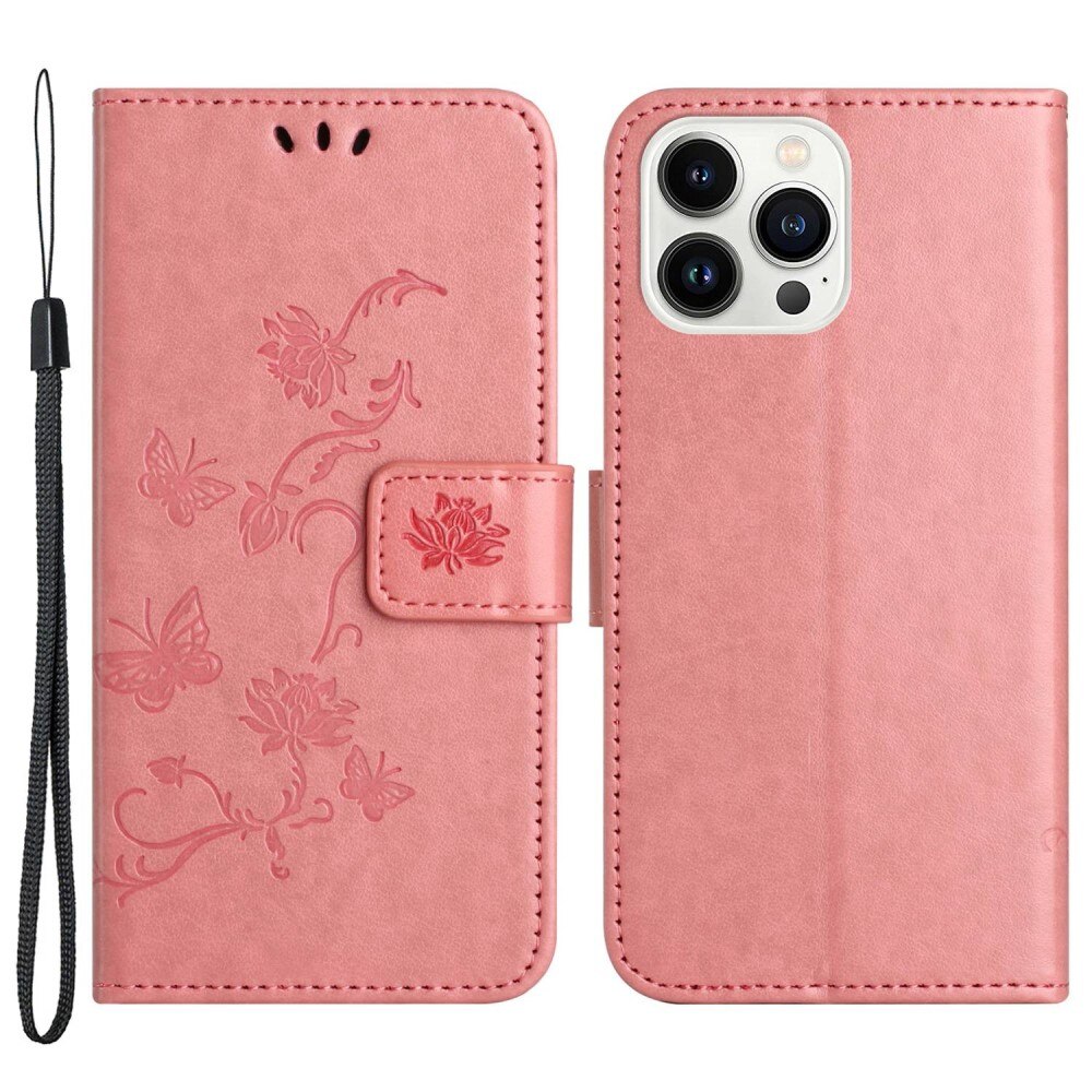 Lærveske Sommerfugler Apple iPhone 14 Pro Rosa