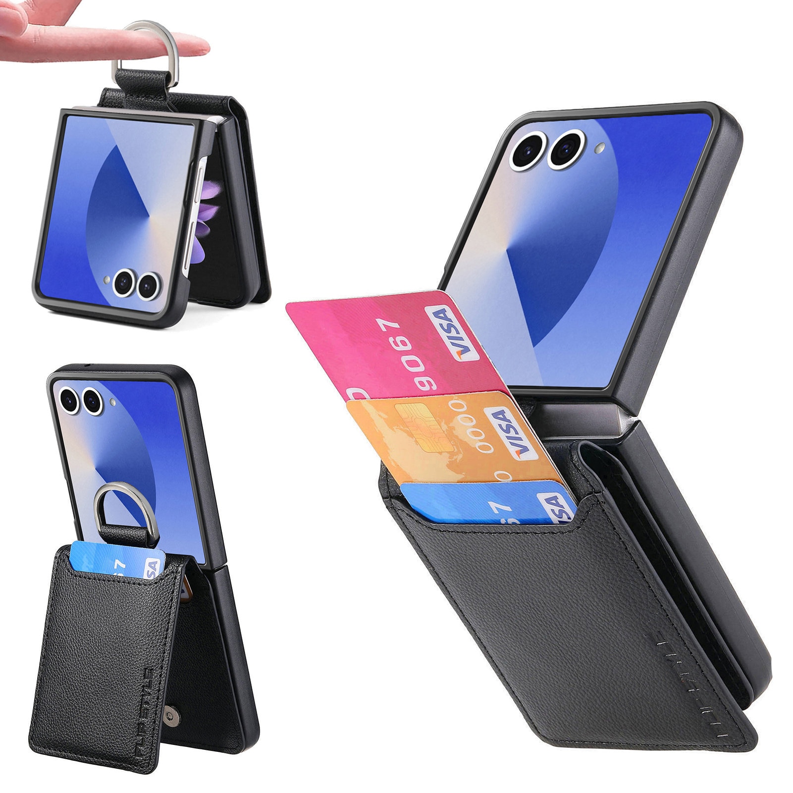 Samsung Galaxy Z Flip 7 Deksel Ringholder + Kortholder svart