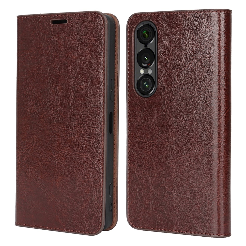 Mobiletui Ekte Lær Sony Xperia 1 VII Mørkbrun