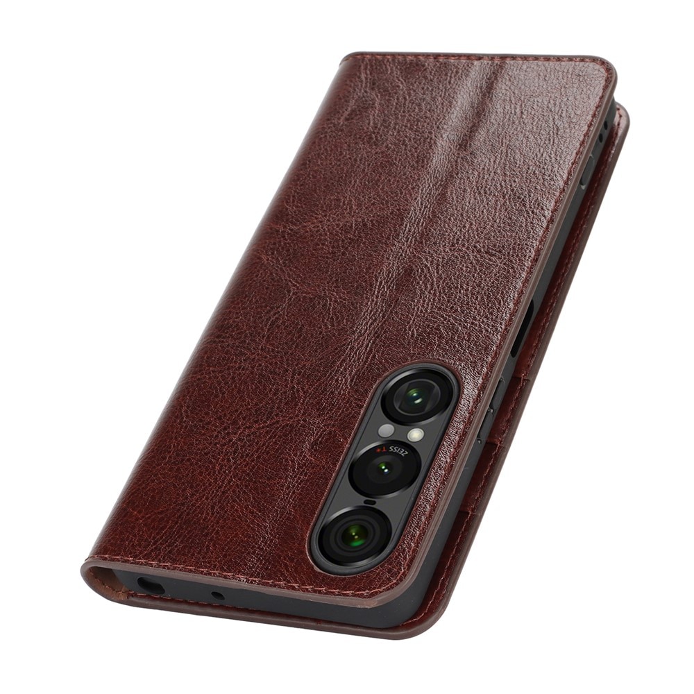 Mobiletui Ekte Lær Sony Xperia 1 VII Mørkbrun