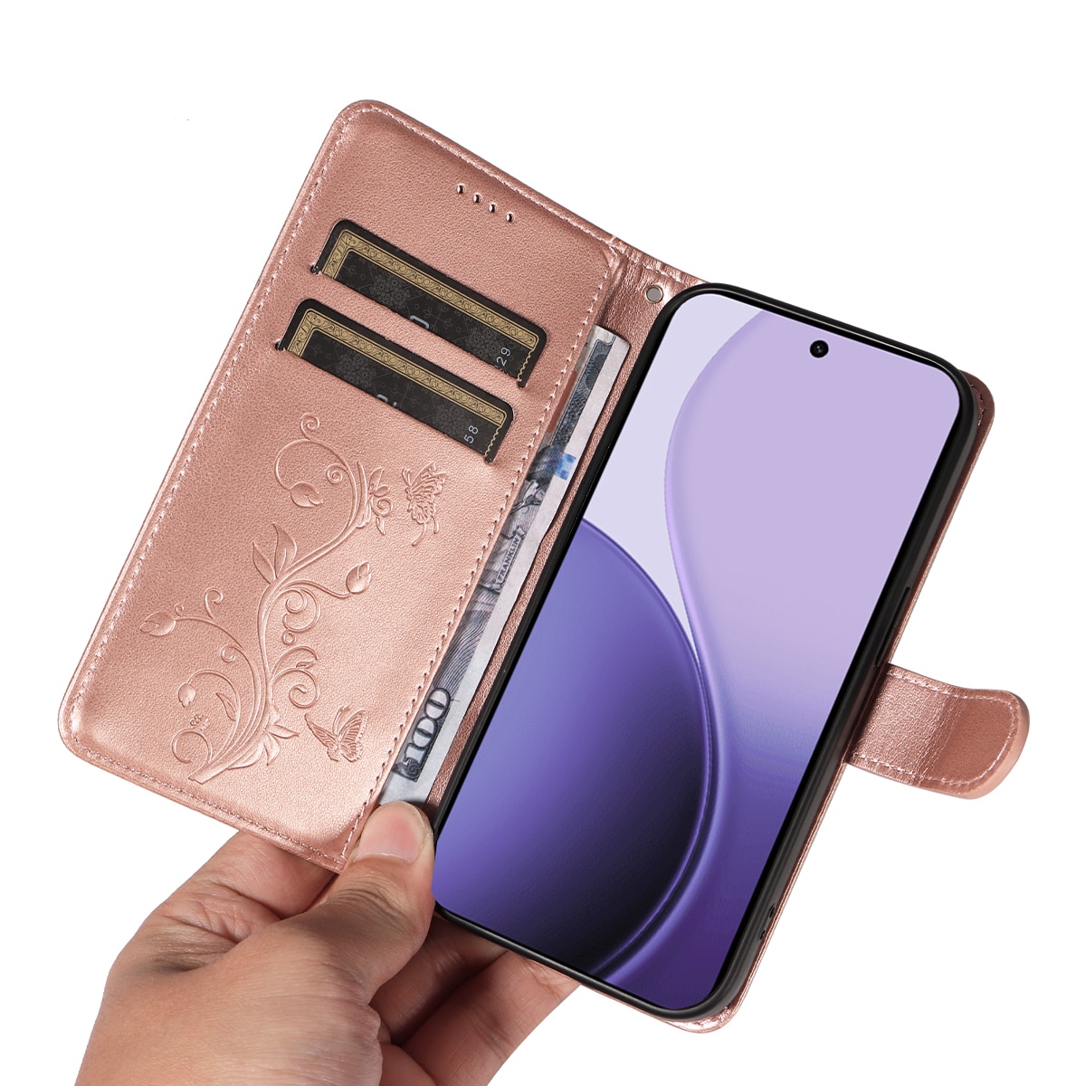 Lærveske Sommerfugler Oppo Reno 14 Rosegull