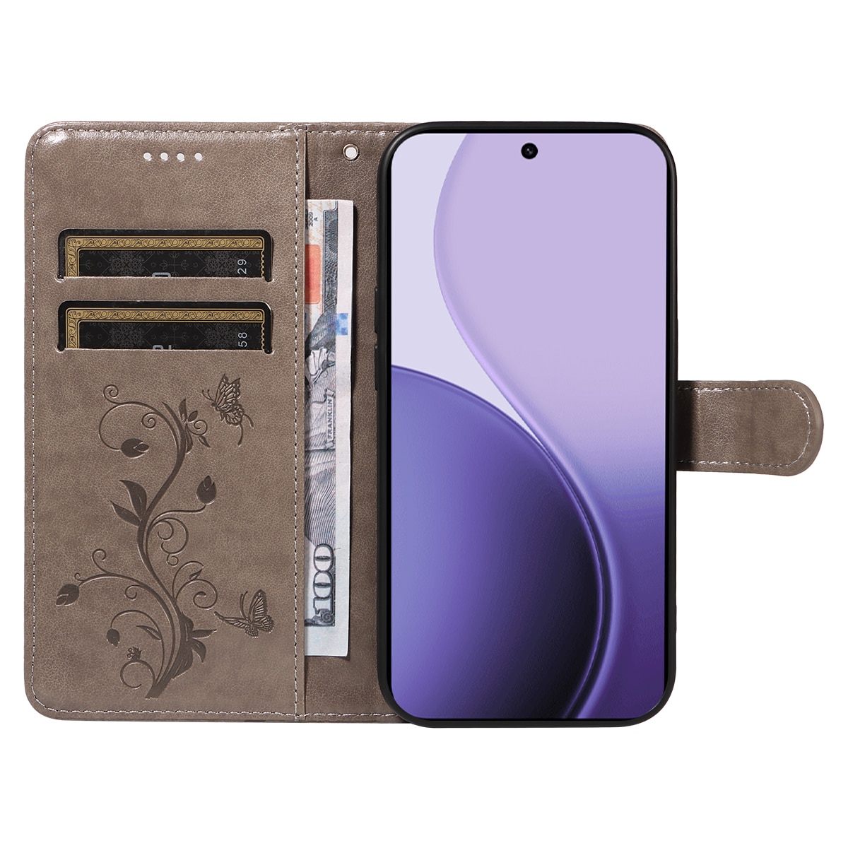 Lærveske Sommerfugler Oppo Reno 14 F Grå